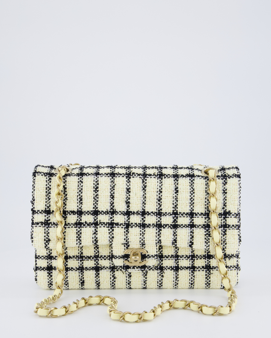Chanel Pastel Yellow, Black Check Tweed Medium Classic Double Flap Bag with Champagne Gold Hardware