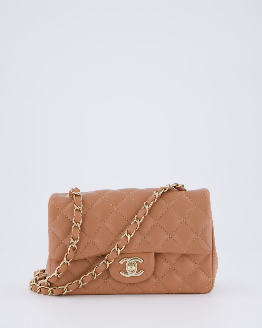 *HOT* Chanel Caramel Mini Rectangular Bag in Lambskin Leather with Champagne Gold Hardware