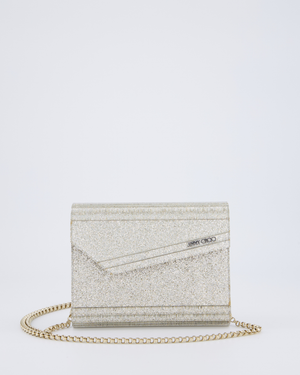 Jimmy Choo Champagne Gold Glitter Candy Clutch with Chain Detail