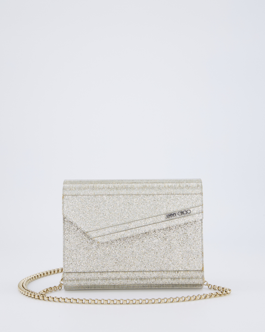 Jimmy Choo Champagne Gold Glitter Candy Clutch with Chain Detail