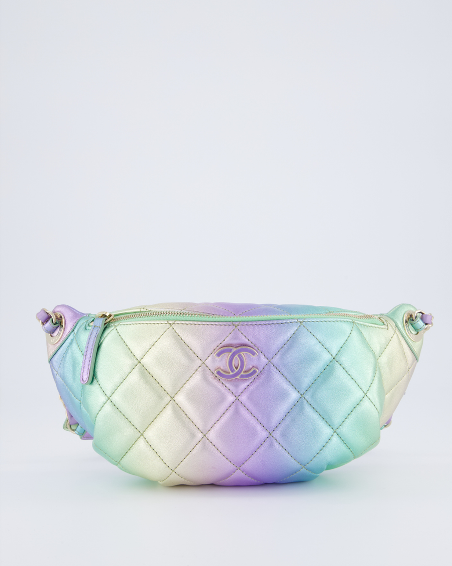 Chanel 24/C Rainbow Gradient Iridescent Metallic Quilted Lambskin Bum Bag with Champagne Gold Hardware