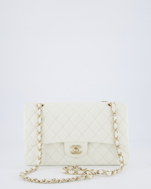 Chanel White Medium Classic Double Flap Bag in Caviar Leather with Champagne Gold Hardware