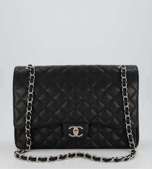 Chanel Maxi Classic Double Flap Bag in Black Caviar Leather with Silver Hardware