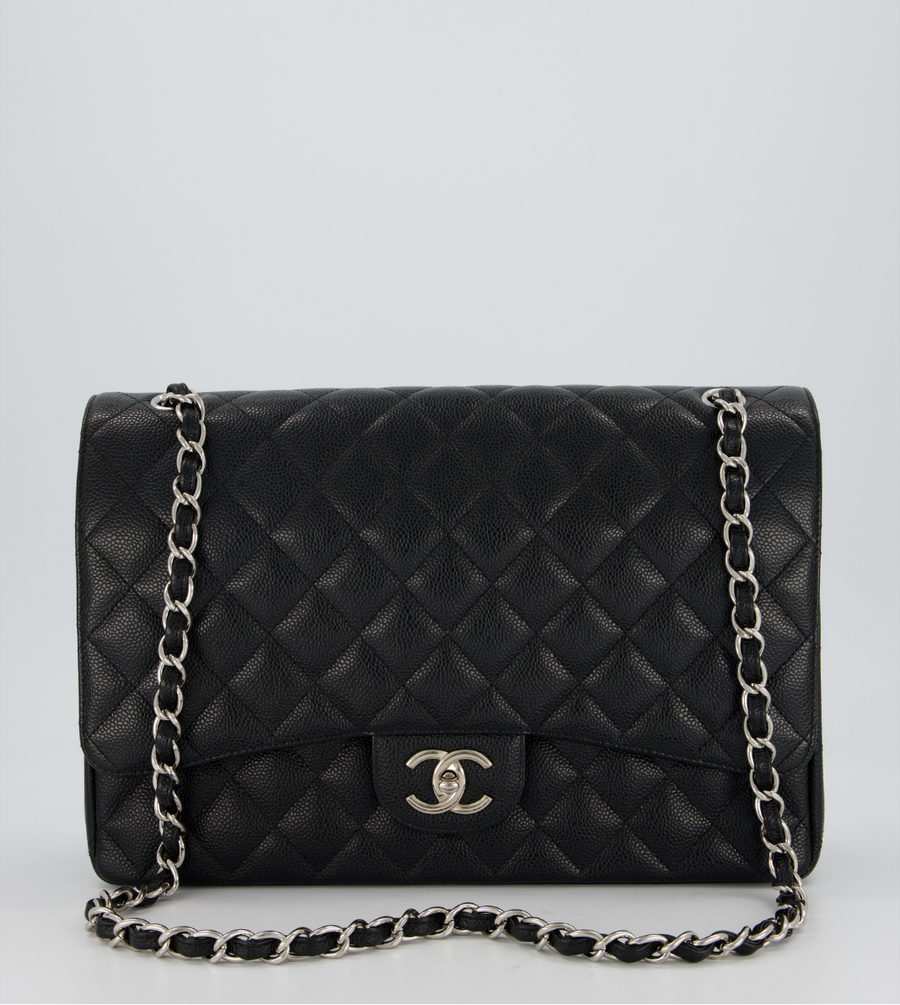 Chanel Maxi Classic Double Flap Bag in Black Caviar Leather with Silver Hardware
