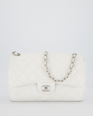 Chanel Jumbo Classic Double Flap Bag in White Caviar Leather with Silver Hardware