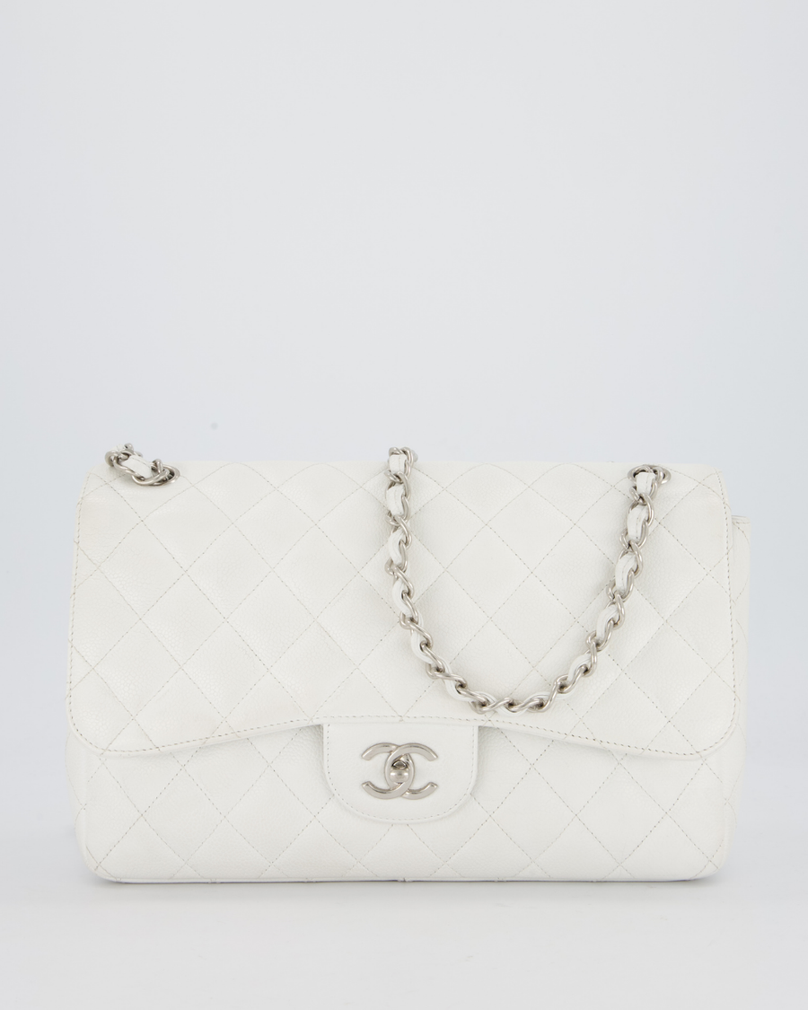 Chanel Jumbo Classic Double Flap Bag in White Caviar Leather with Silver Hardware