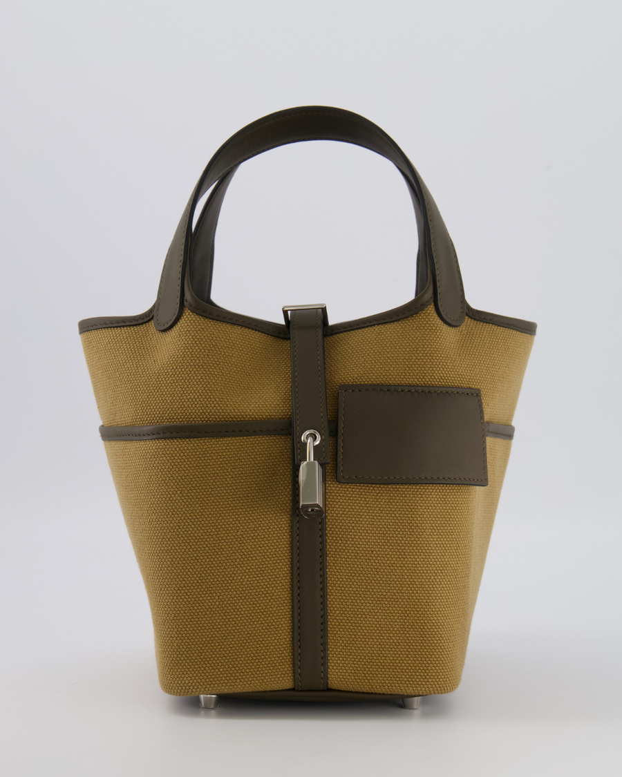 Hermès Picotin 18 Lock Cargo Bag in Dune Toile Goeland and Vert Loden Swift Leather with Palladium Hardware