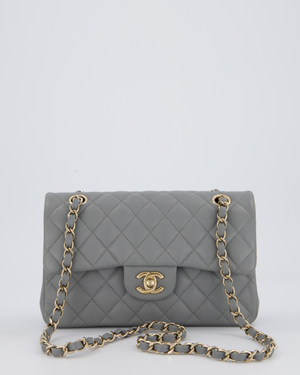 Chanel Grey Small Classic Double Flap Bag in Caviar Leather with Champagne Gold Hardware