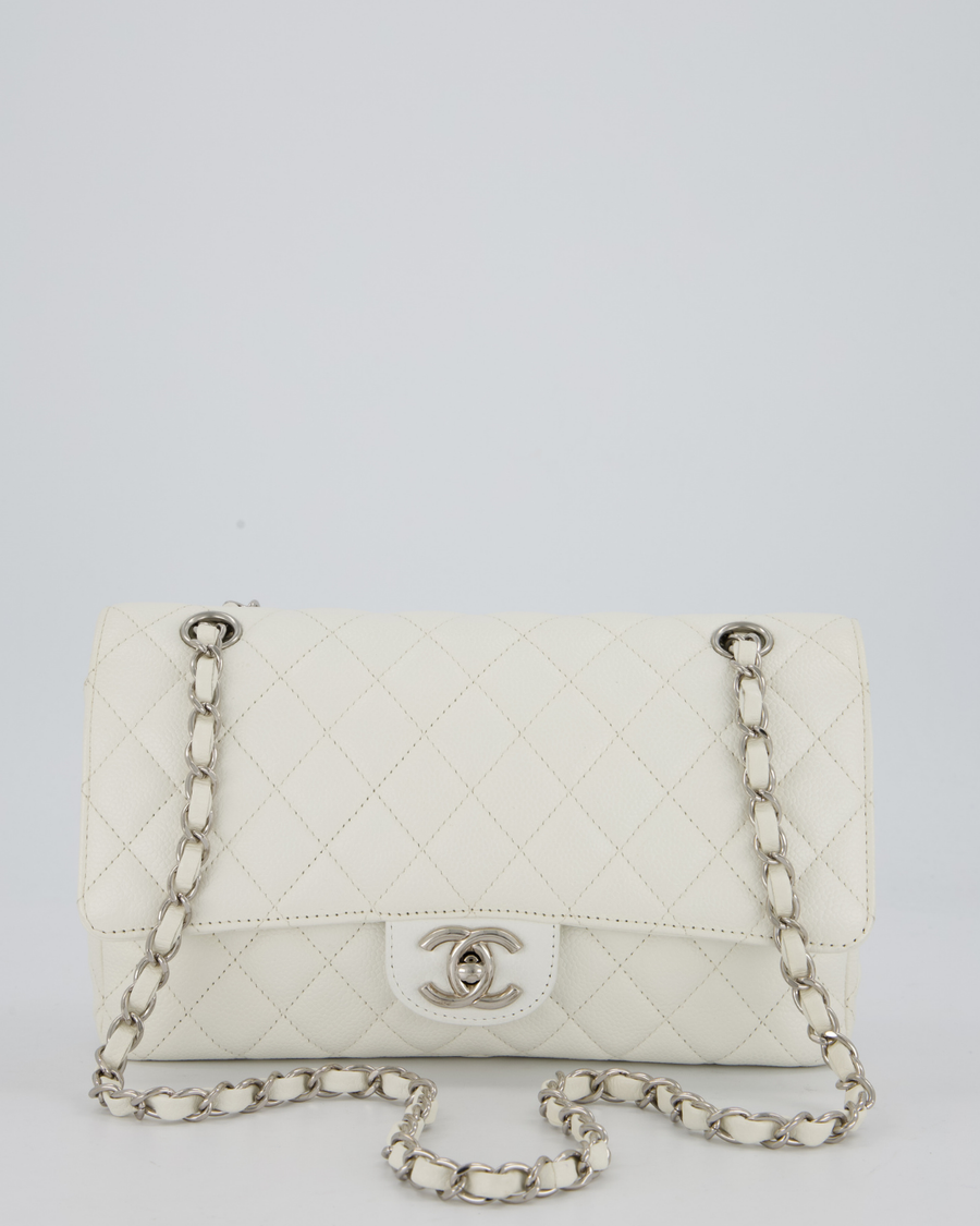 Chanel White Seasonal Double Flap Bag in Caviar Leather with Silver Hardware