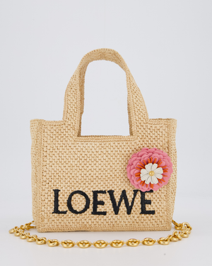 Loewe x Paula's Ibiza Beige Mini Raffia Logo Tote Bag with Pink Flower Detail