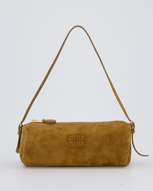 Miu Miu Beige Suede Barrel Bag with Gold Hardware
