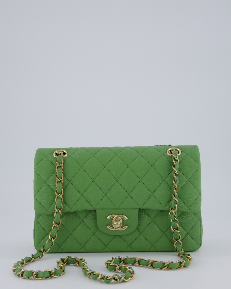 Chanel Apple Green Small Classic Double Flap Bag in Caviar Leather with Champagne Gold Hardware