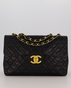 Chanel Black Vintage Maxi Jumbo XL Single Flap Bag in Lambskin with 24K Gold Hardware