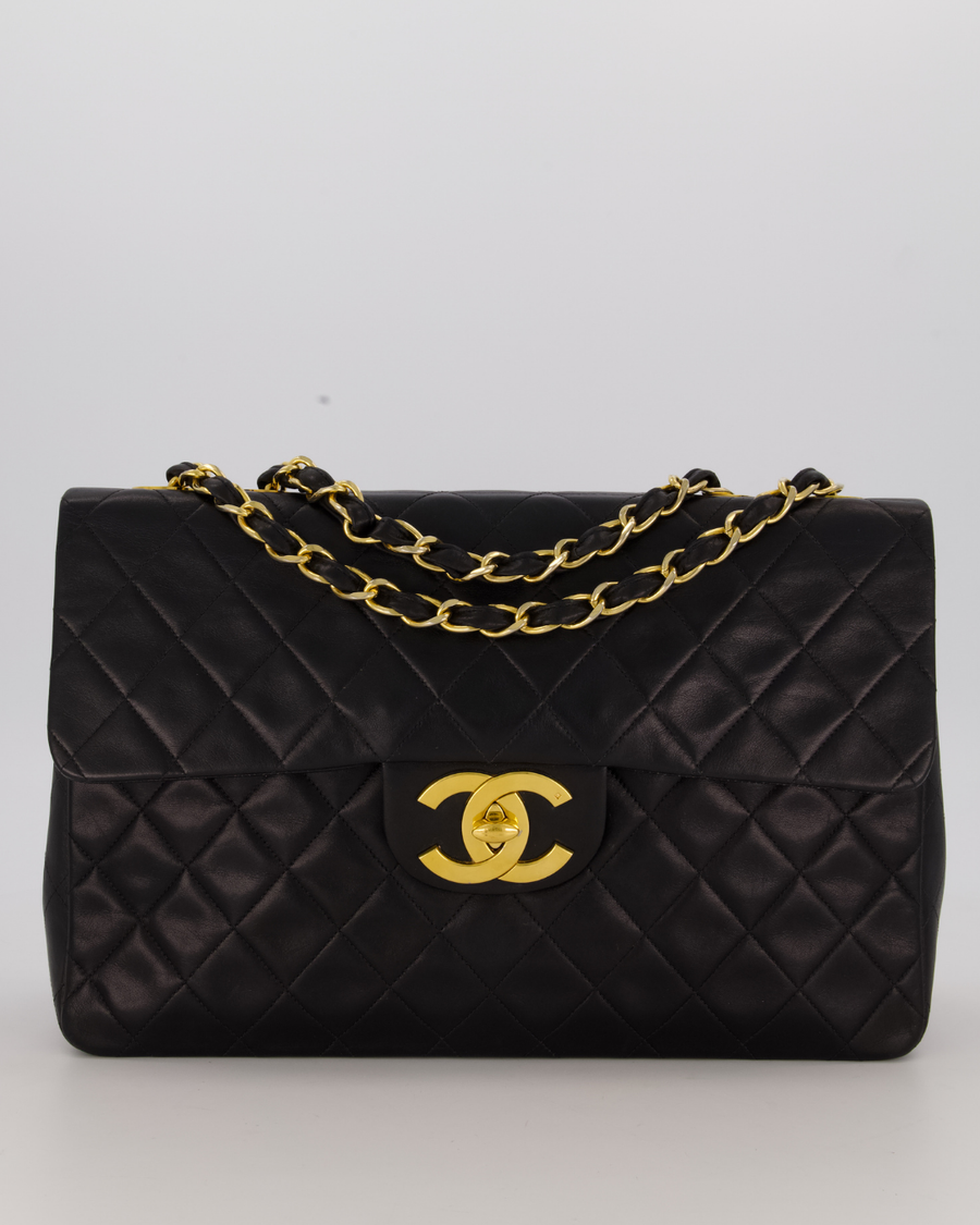 Chanel Black Vintage Maxi Jumbo XL Single Flap Bag in Lambskin with 24K Gold Hardware