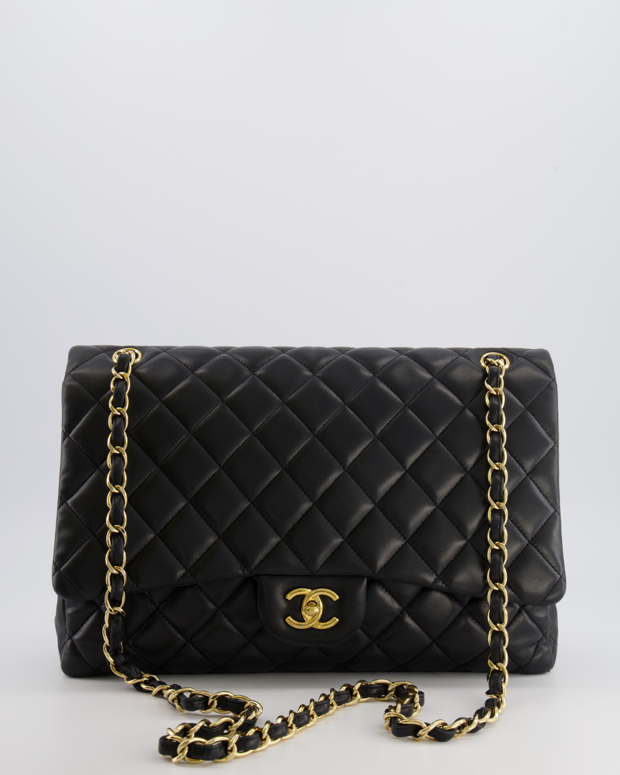 Chanel Black Maxi Single Flap Bag in Black Lambskin Leather with Gold Hardware