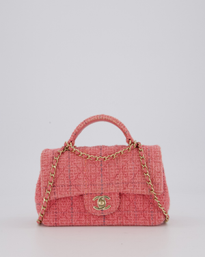 Chanel Pink Tweed Mini Rectangular Top Handle Flap Bag with Champagne Hardware