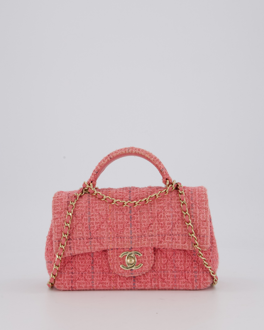 Chanel Pink Tweed Mini Rectangular Top Handle Flap Bag with Champagne Hardware