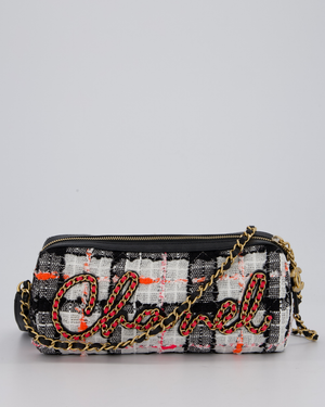 Chanel Pink, White and Black Tweed Written In Chain Bowling Bag in Tweed with Leather Wristlet Strap, Long Chain Strap and Gold Hardware