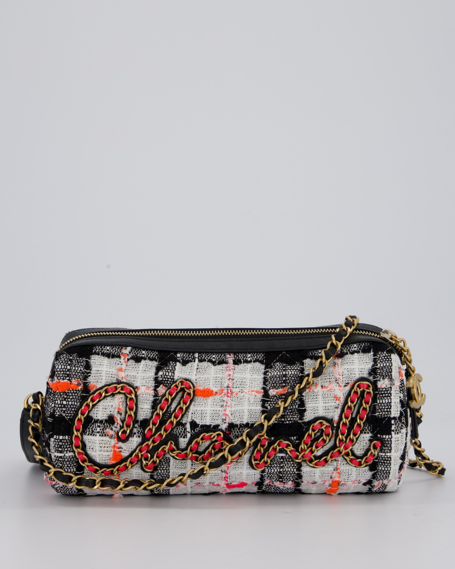 Chanel Pink, White and Black Tweed Written In Chain Bowling Bag in Tweed with Leather Wristlet Strap, Long Chain Strap and Gold Hardware
