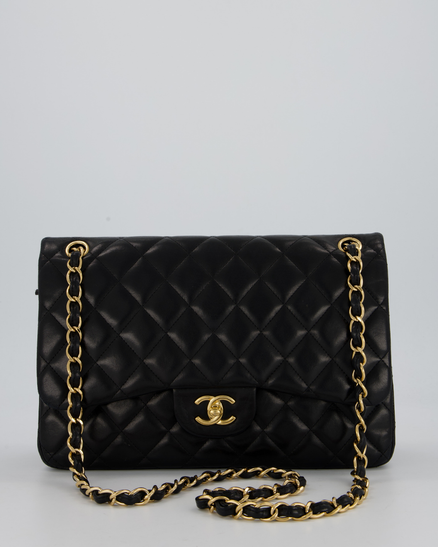 Chanel Black Jumbo Classic Double Flap Bag in Lambskin Leather with Gold Hardware