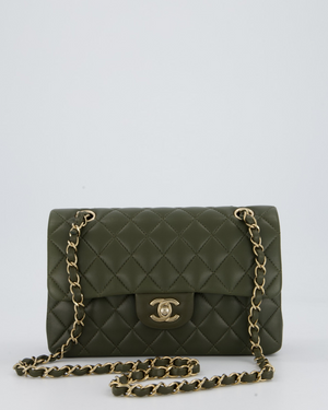 *HOT* Chanel Olive Green Small Classic Double Flap Bag in Lambskin Leather with Champagne Gold Hardware