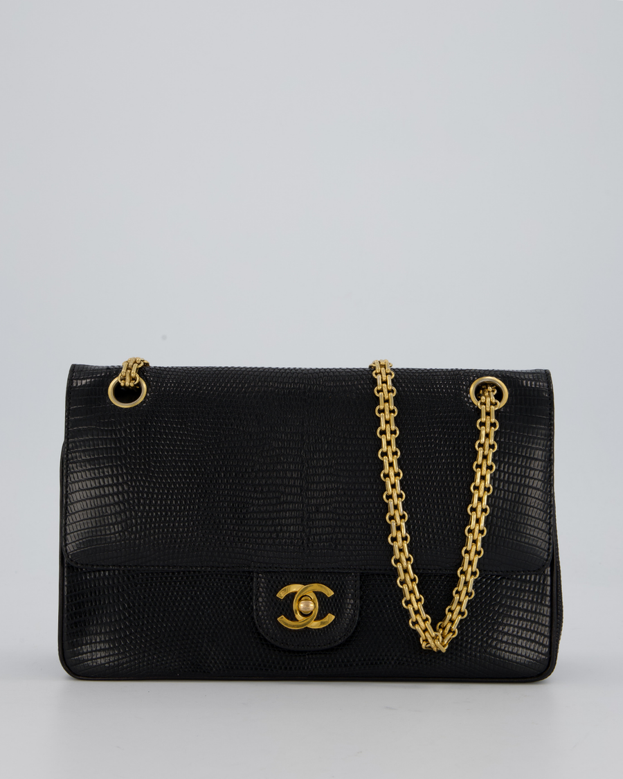 *VERY RARE* Chanel Vintage Medium Classic Flap Bag in Black Lizard Leather with 24K Gold Hardware
