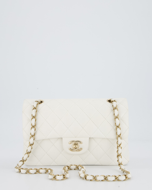 Chanel White Small Classic Double Flap Bag in Caviar Leather with Champagne Gold Hardware