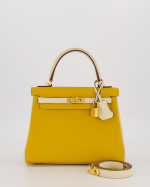 *RARE* Hermès HSS Kelly 25 Retourne Bag in Nata and Jaune Ambre Swift Leather with Gold Hardware