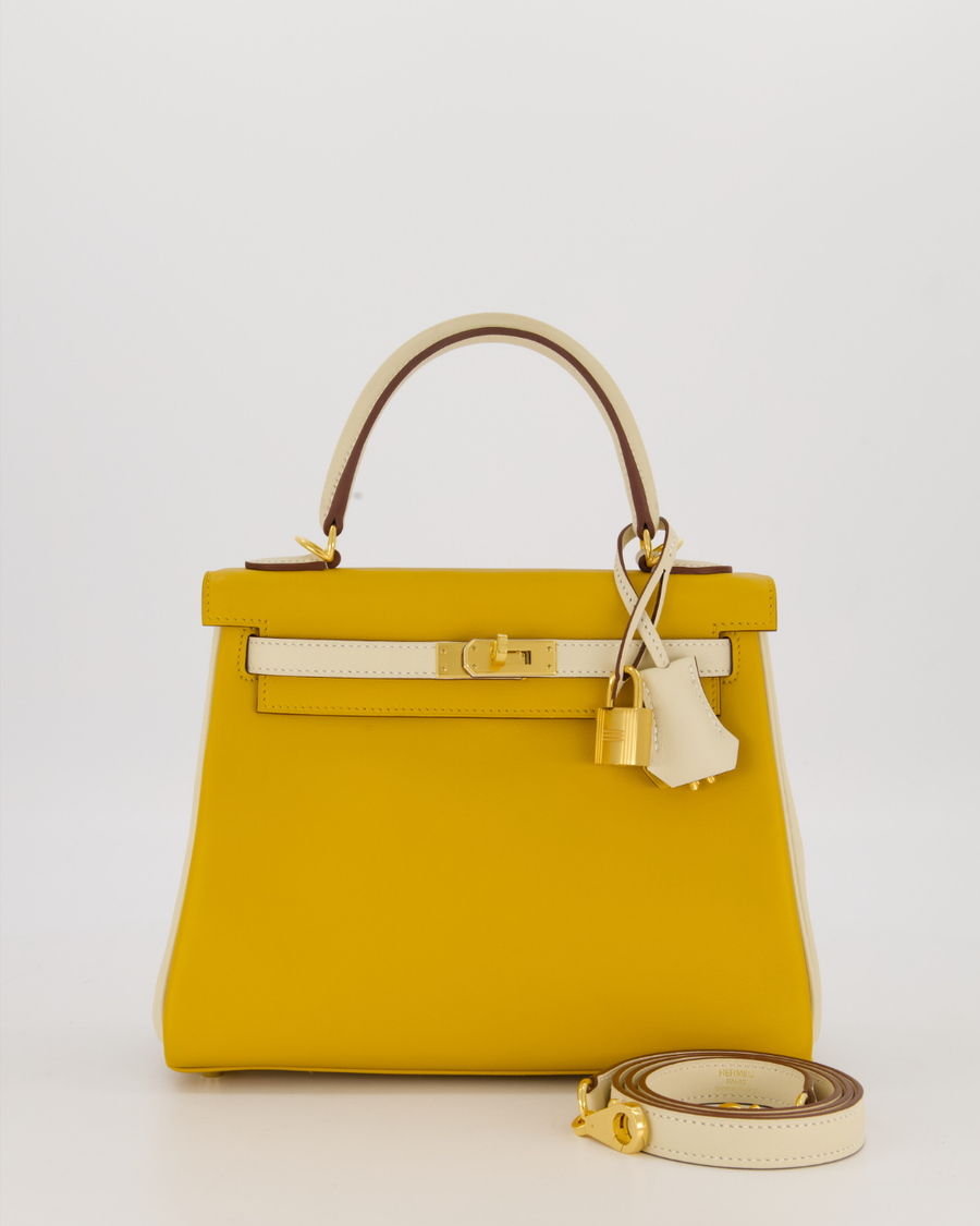*RARE* Hermès HSS Kelly 25 Retourne Bag in Nata and Jaune Ambre Swift Leather with Gold Hardware
