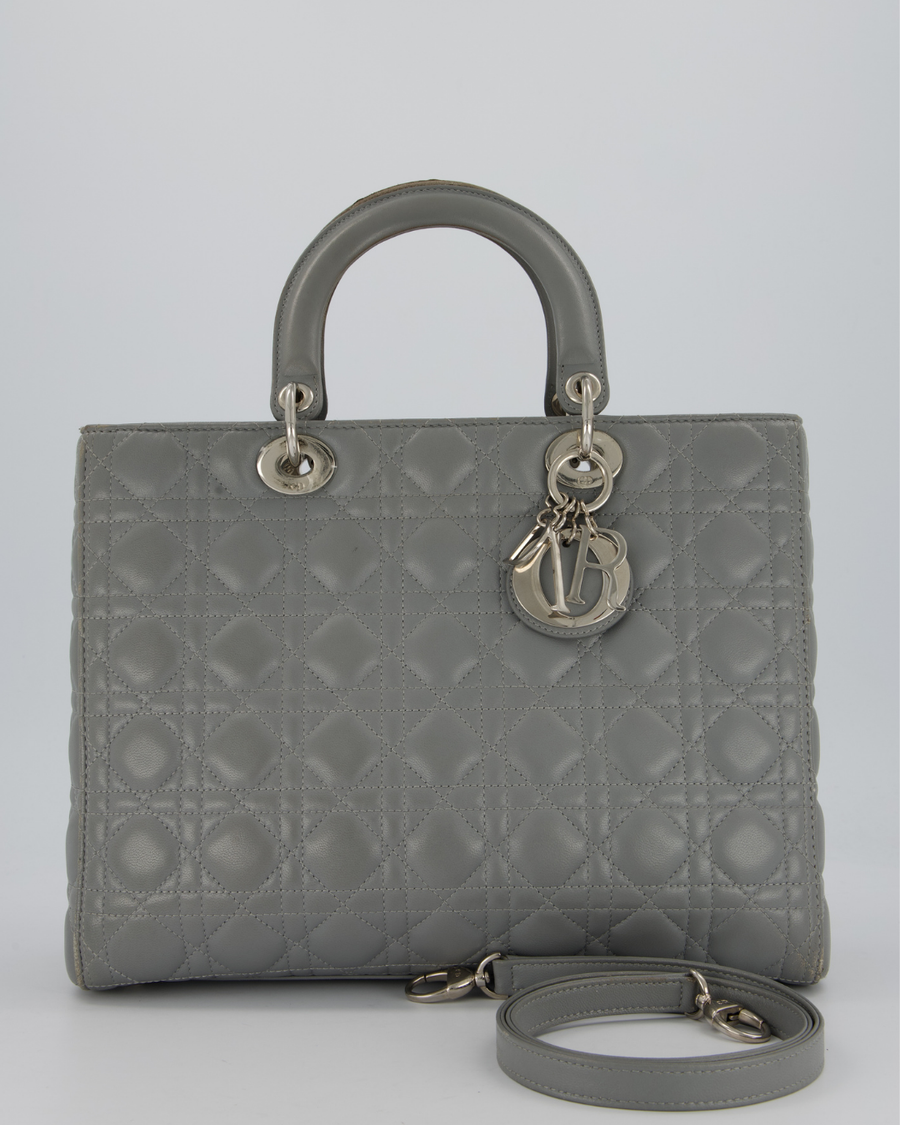 Christian Dior Grey Large Lady Dior Bag in Cannage Quilted Lambskin with Silver Hardware