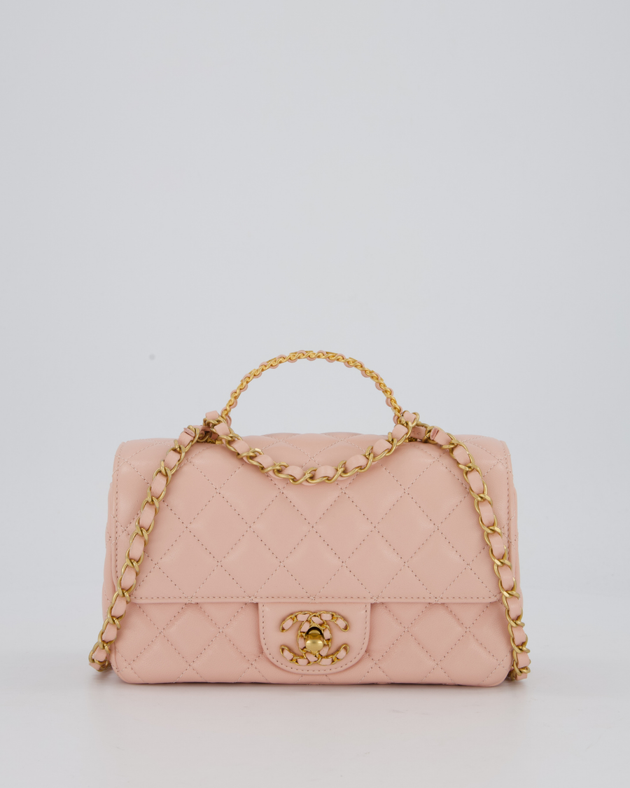 Chanel Pink Mini Rectangular Top Handle With Logo Detail Bag with Brushed Gold Hardware