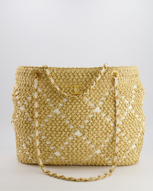 *HOT* Chanel Cruise 2026 Large Tote Bag in Woven Beige Raffia and White Grosgrain Ribbon with Brushed Gold Hardware