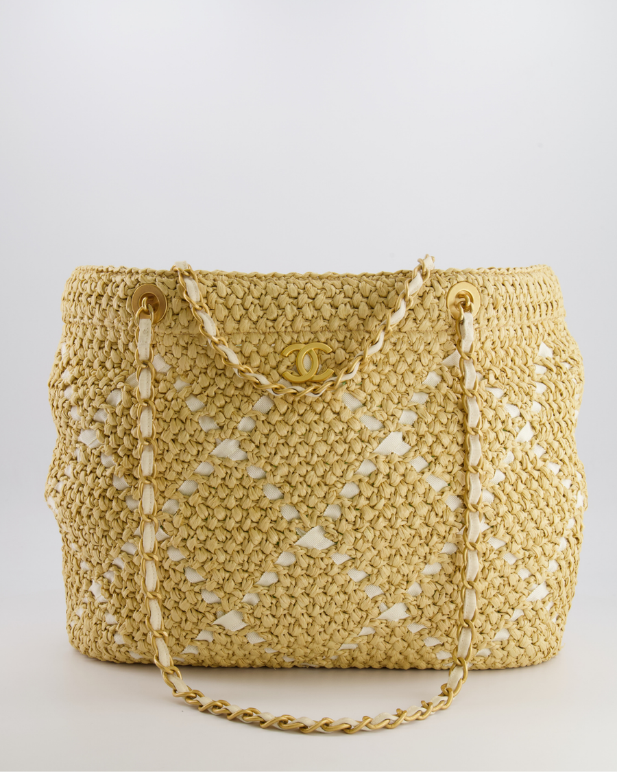 *HOT* Chanel Cruise 2026 Large Tote Bag in Woven Beige Raffia and White Grosgrain Ribbon with Brushed Gold Hardware