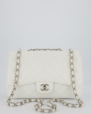 Chanel White Jumbo Classic Single Flap Bag in Caviar Leather with Silver Hardware