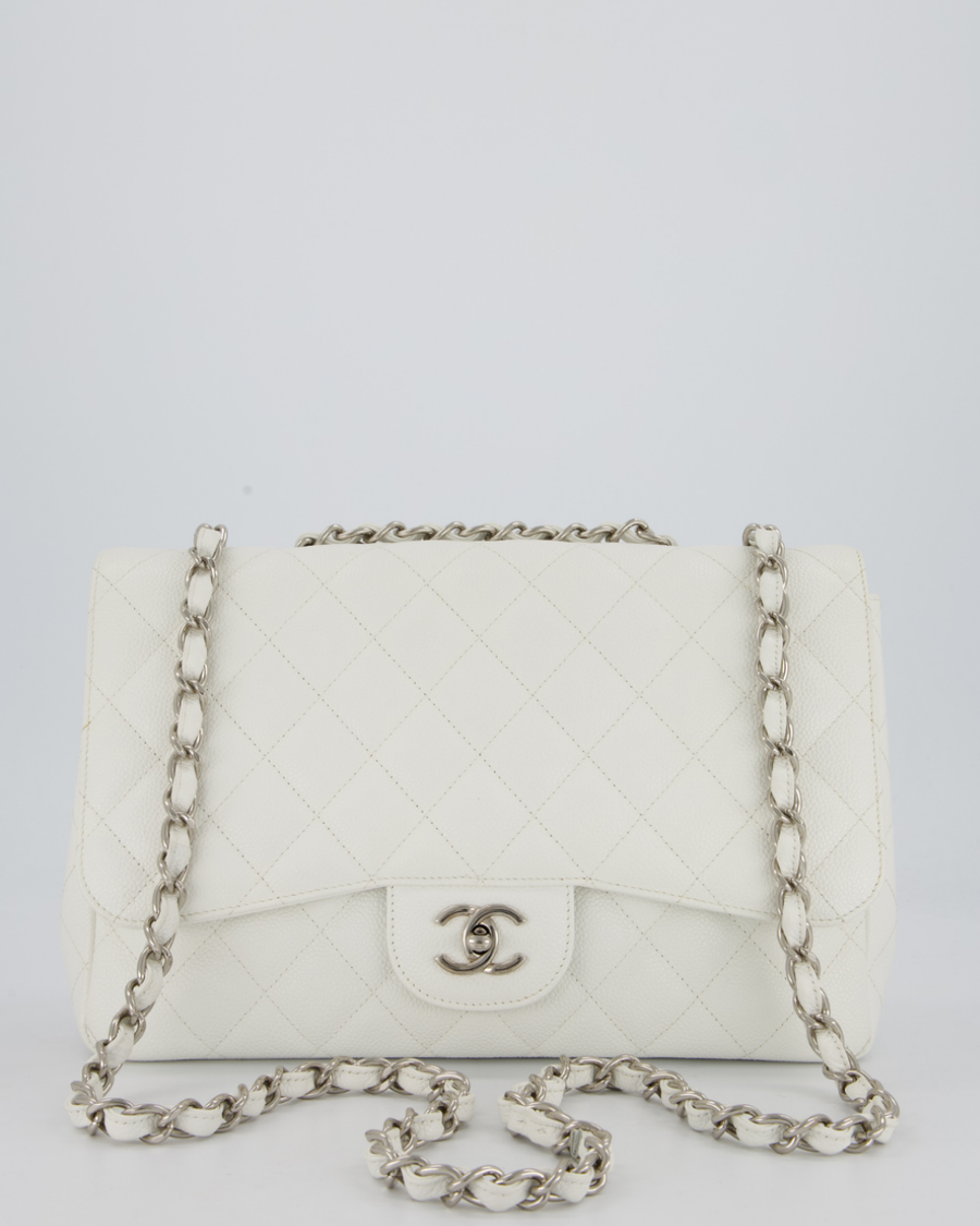Chanel White Jumbo Classic Single Flap Bag in Caviar Leather with Silver Hardware