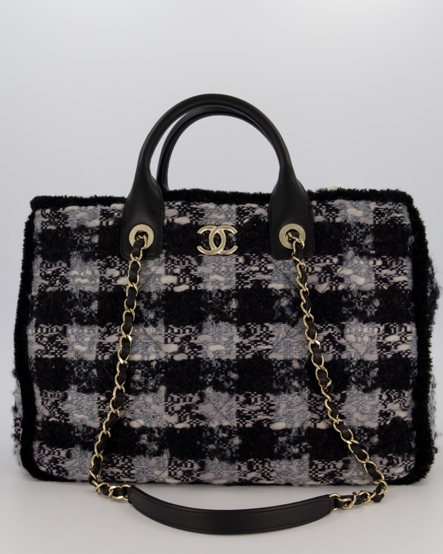 Chanel 25N Grey and Black Quiilted Tweed Shopping Tote Bag With Champagne Gold Hardware and Leather Handle