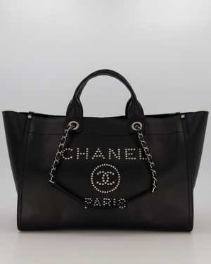 Chanel Black Medium Deauville Tote Bag in Caviar Leather with Silver Hardware