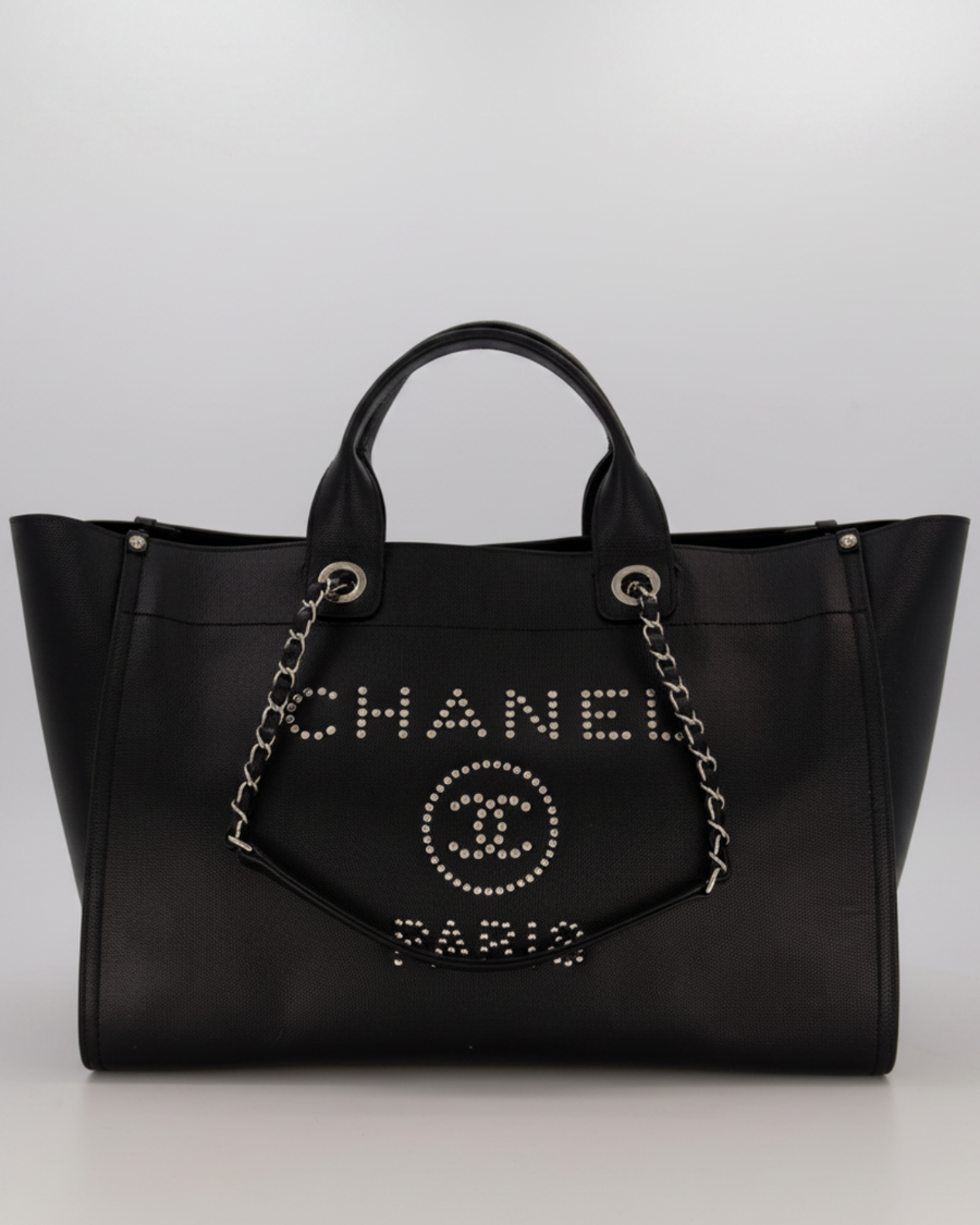 Chanel Black Medium Deauville Tote Bag in Caviar Leather with Silver Hardware