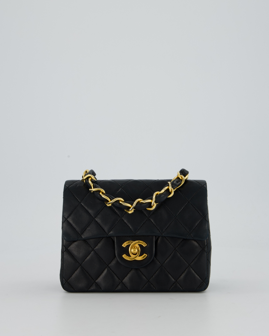 Chanel Black Mini Square Top Handle Bag in Lambskin Leather with 24K Gold Hardware