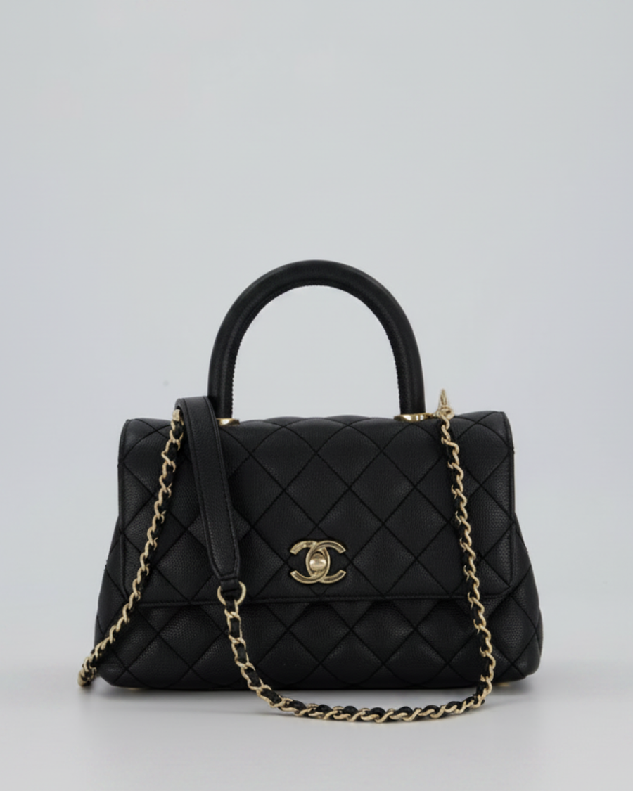 Chanel Small Coco Top Handle In Caviar Quilted Leather with Champagne Gold Hardware