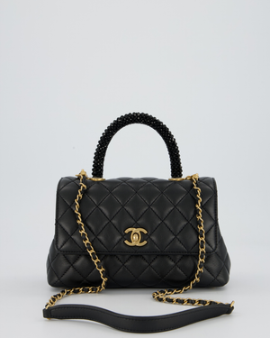 Chanel Small Coco Top Handle Bag in Black Smooth Calf Leather with Black Crystal-Encrusted Handle and Gold Hardware