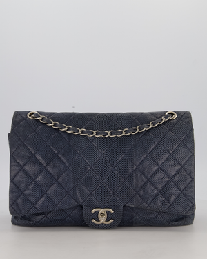 Chanel Blue Classic Maxi Double Flap in Karung Leather with Silver Hardware