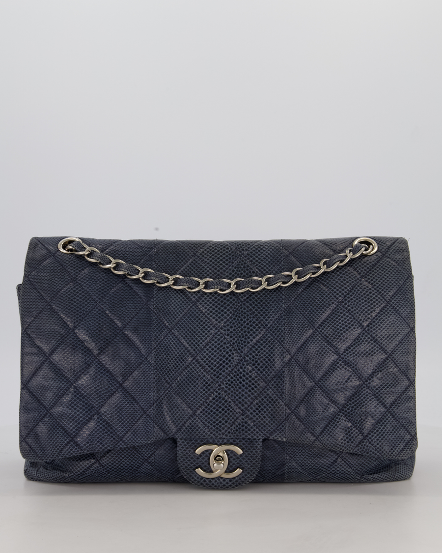 Chanel Blue Classic Maxi Double Flap in Karung Leather with Silver Hardware