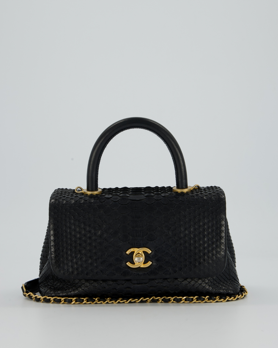 *RARE* Chanel Small Black Coco Top Handle Bag in Python with Brass Gold Hardware