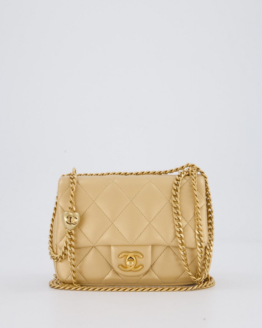 Chanel 23P Gold Quilted Mini Sweetheart Flap Bag in Lambskin Leather With Gold Hardware