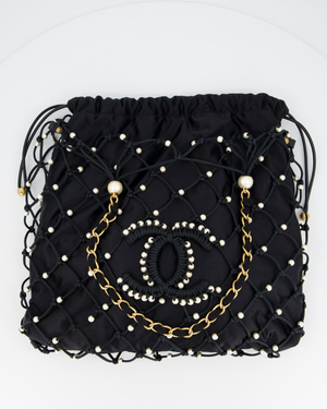 Chanel Black Coco Beach Net Tote Bag With Pearls Details and Gold Hardware