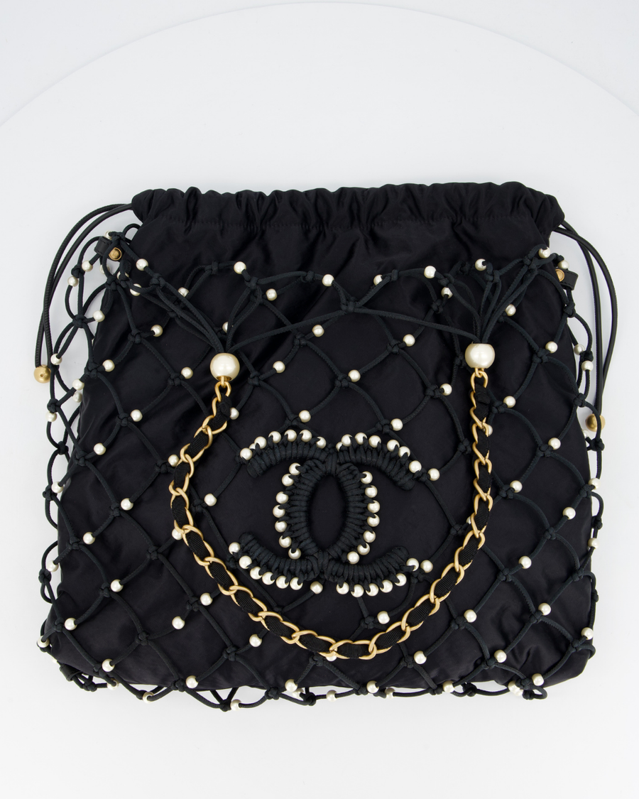Chanel Black Coco Beach Net Tote Bag With Pearls Details and Gold Hardware