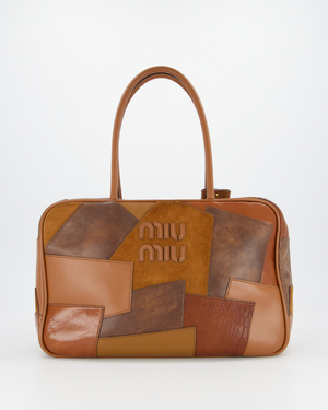 Miu Miu Cognac Brown Patchwork Beau Bag in Lambskin Leather with Mixed Material Patchwork Design and Leather Logo Lettering