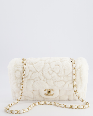*RARE* Chanel White Rabbit Fur Classic Single Flap Bag with Camellia Flower Motif and Champagne Gold Hardware