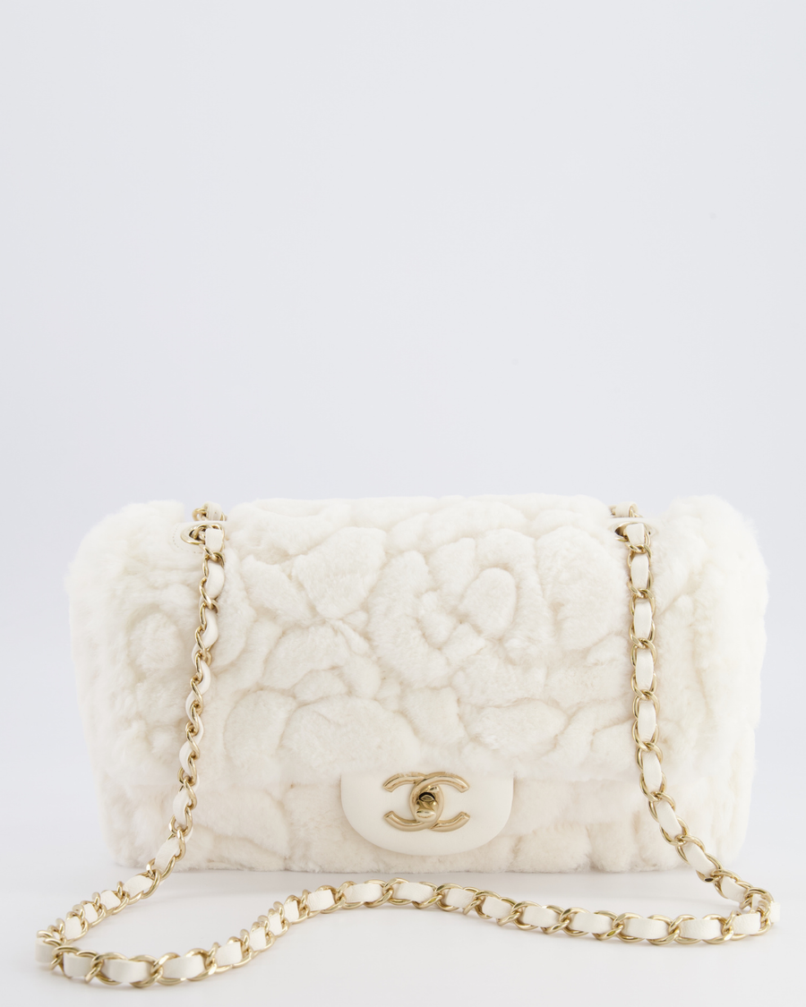 *RARE* Chanel White Rabbit Fur Classic Single Flap Bag with Camellia Flower Motif and Champagne Gold Hardware